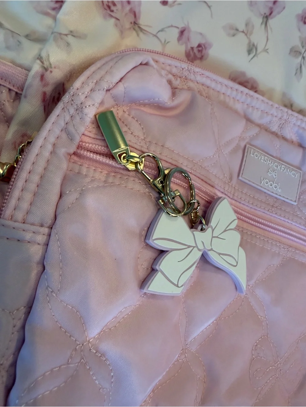 LoveShackFancy Pink Floral Quilted Kids Backpack with Bow Charm
